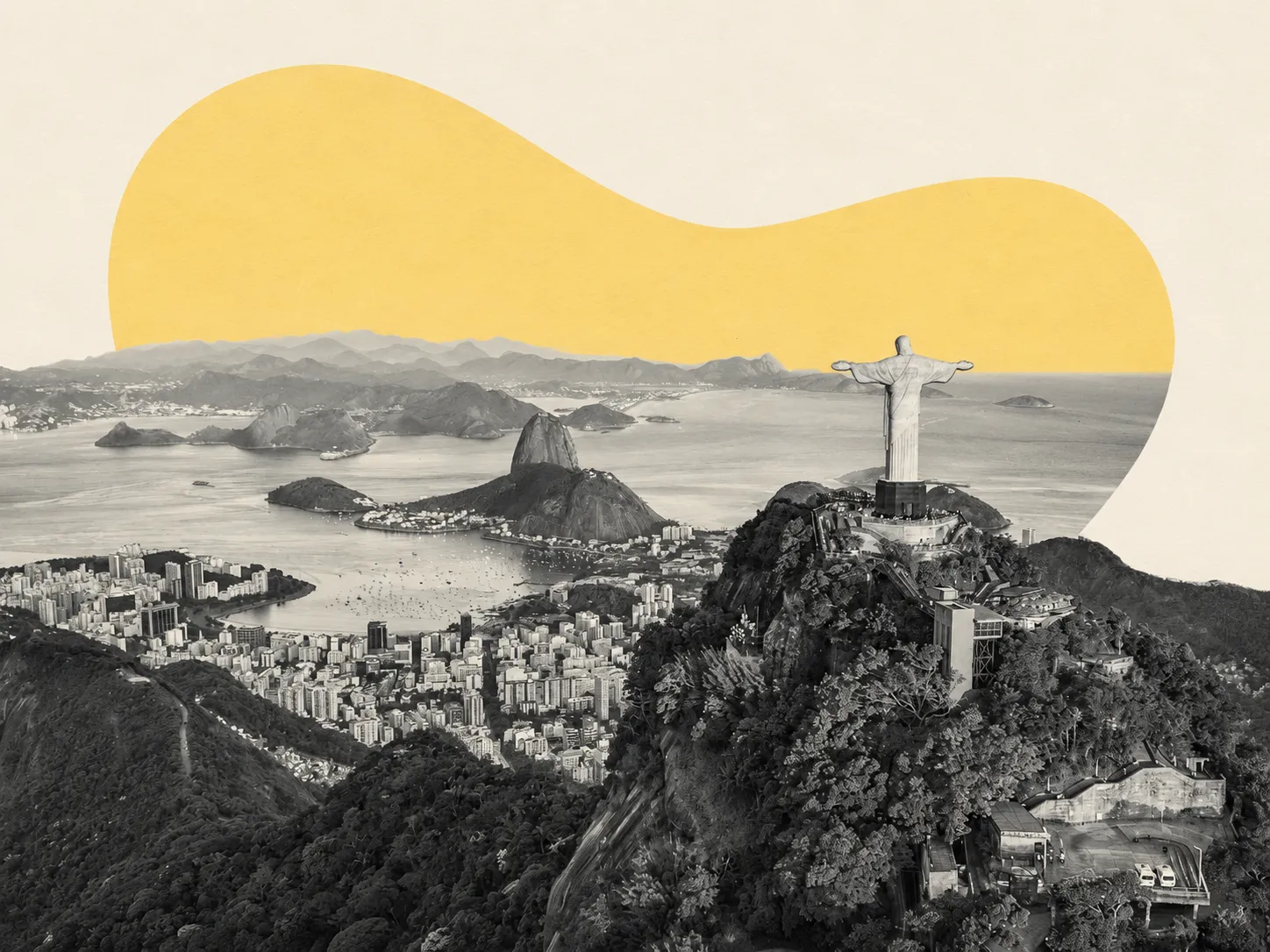 Panoramic view of Rio de Janeiro with Sugarloaf Mountain and Guanabara Bay under a golden sunset sky