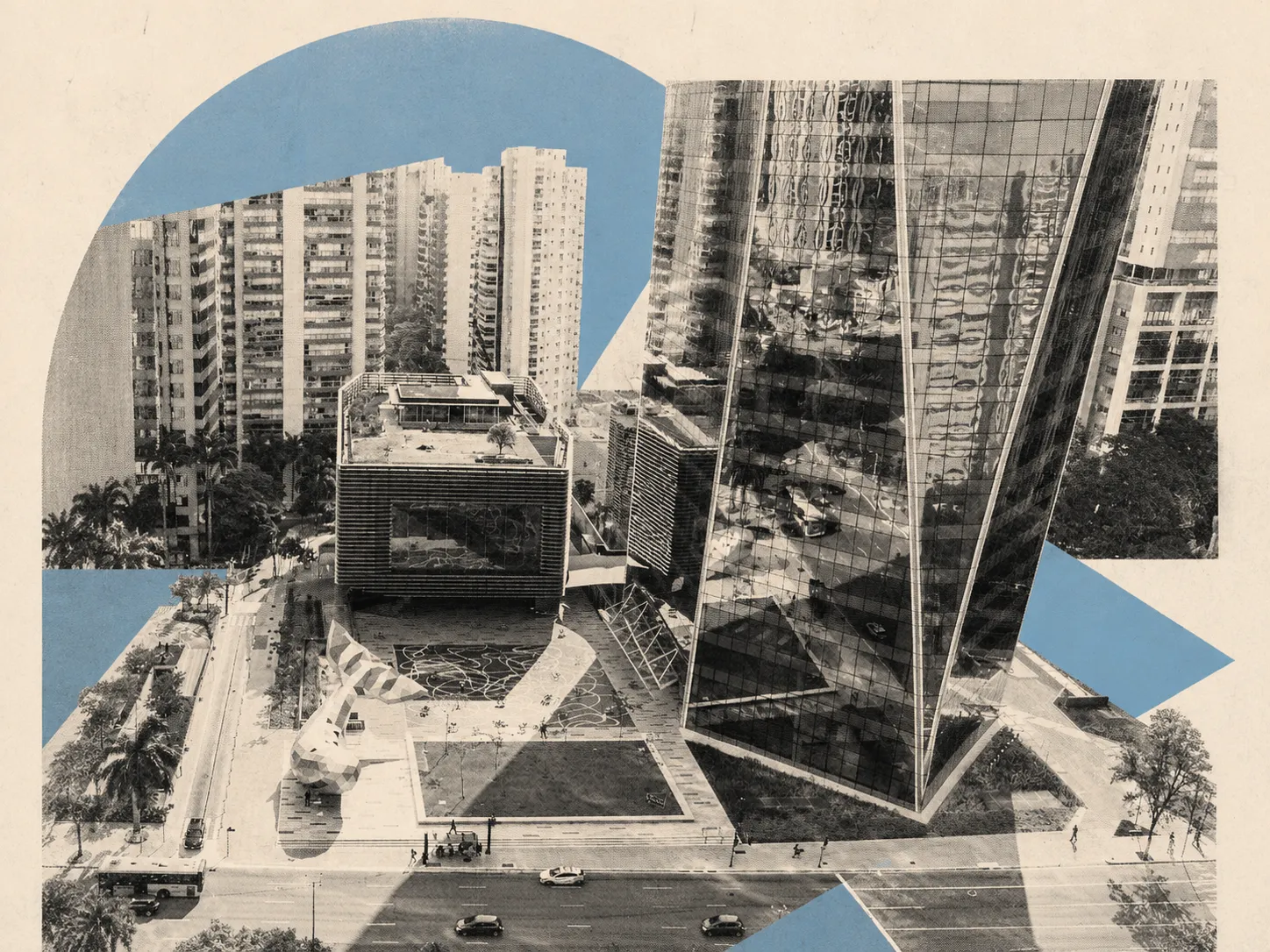 Modern glass office building in São Paulo business district with tech company logos visible through windows